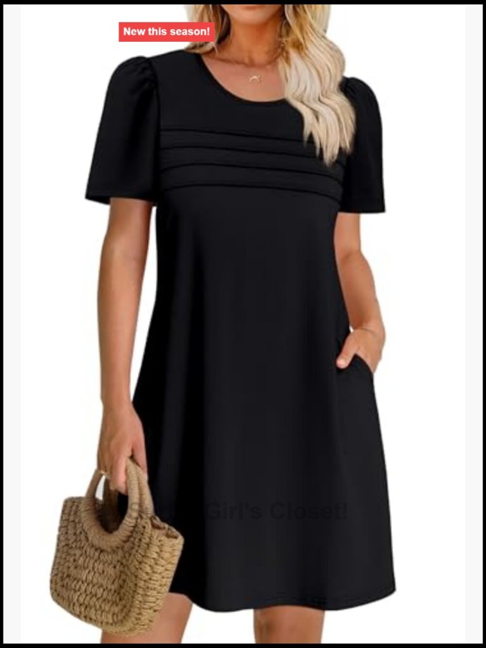 Womens Pleated Front Dress Puff Sleeve Pockets Sundress Casual Summer - Picture 2 of 7